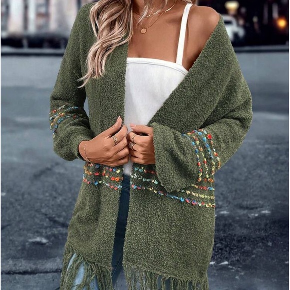 New open front green boho cardigan sweater - Picture 3 of 6